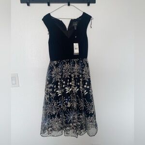 Elegant Black and White Floral Dress formal celebratory v neck